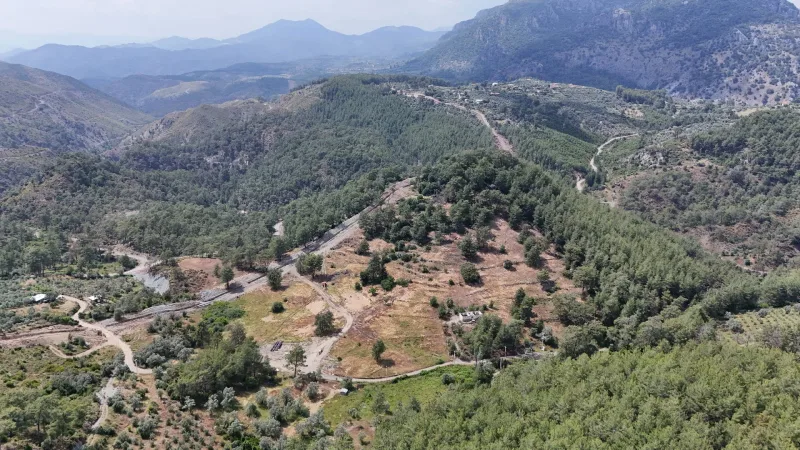 Göcek Taşbaşı'nda Yol Cepheli Zeytinlikli 23.160 m² Tarla – Havadan Vadi ve Orman Manzarası