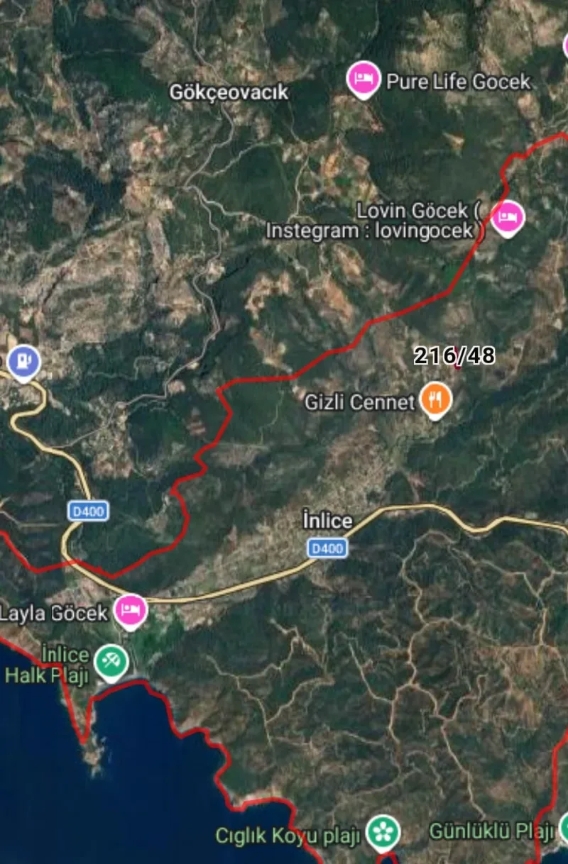 İnlice'de 3.140 m² Zeytinlik Arazi – Plaj ve Yerleşim Yerlerine Uzaklığı Gösteren Konum Haritası